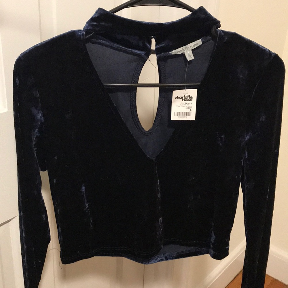 Navy Blue Crushed Velvet Crop Top